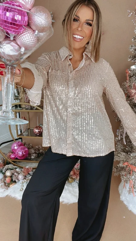 Give Me Sequin Button Up Blouse , Gold