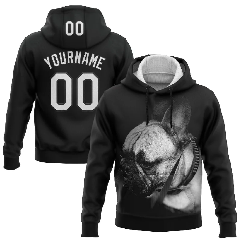 Custom Stitched Black White 3D Pattern Design Bulldog Sports Pullover Sweatshirt Hoodie