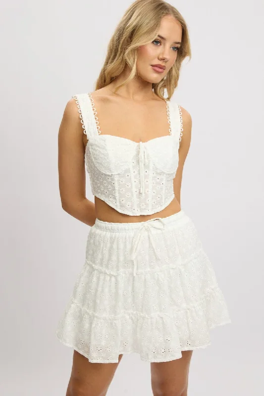 White Skater Skirt High Rise Tiered Mini Broidery Eyelet