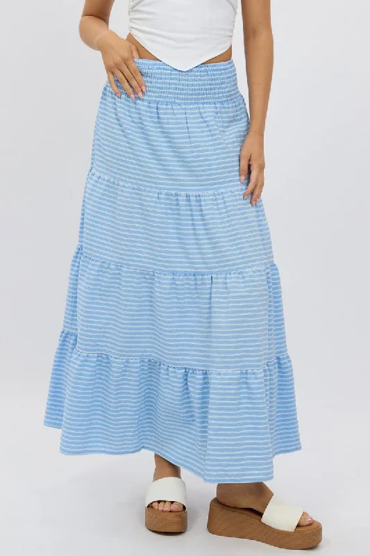 Blue Stripe Maxi Skirt Shirred Waist Tiered Relaxed Fit