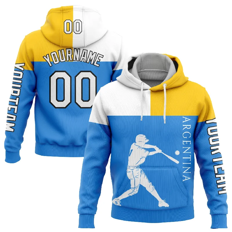 Custom Stitched Powder Blue Yellow-Black 3D Argentina Argentinian Flag Sports Pullover Sweatshirt Hoodie