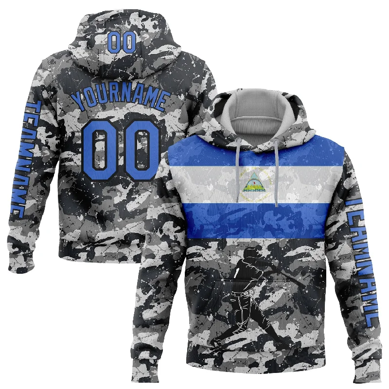 Custom Stitched Camo Powder Blue-Black 3D Nicaragua Nicaraguan Flag Sports Pullover Sweatshirt Salute To Service Hoodie