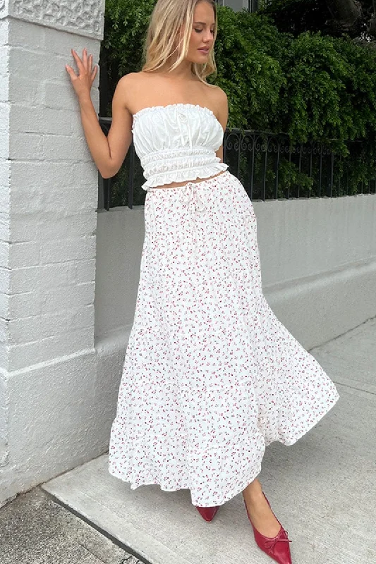 White Ditsy Maxi Skirt Tiered High Rise