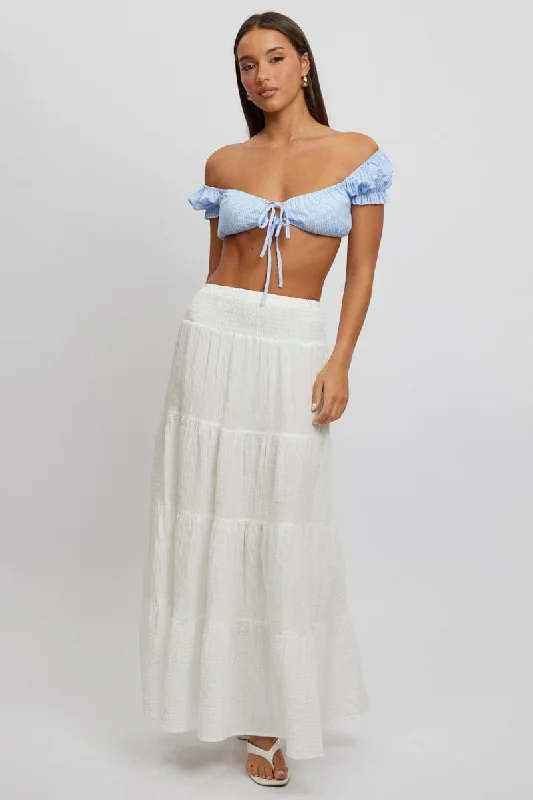 White Maxi Skirt Shirred Waist Tiered Relaxed Fit