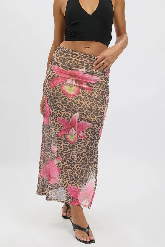 Multi Animal Print Midaxi Skirt High Rise Ruched Lined Mesh