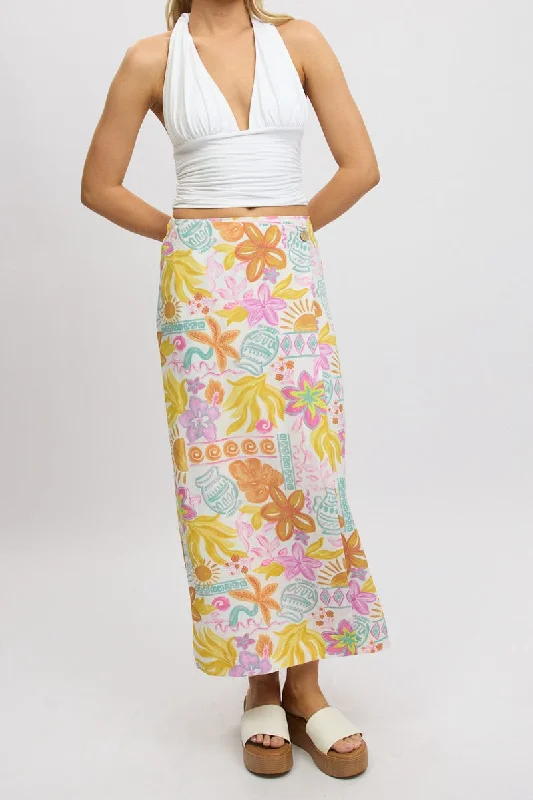 White Abstract Wrap Skirt High Waisted Midaxi