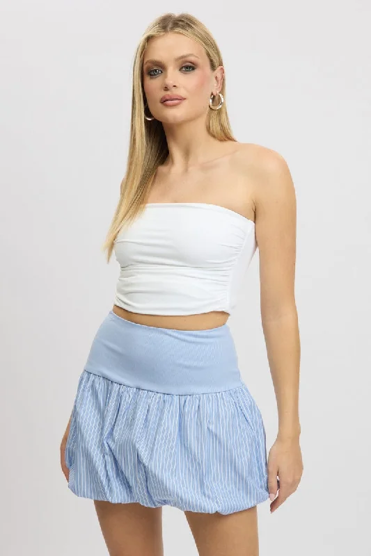 Blue Stripe Bubble Skirt High Rise Rib Waist Mini Balloon