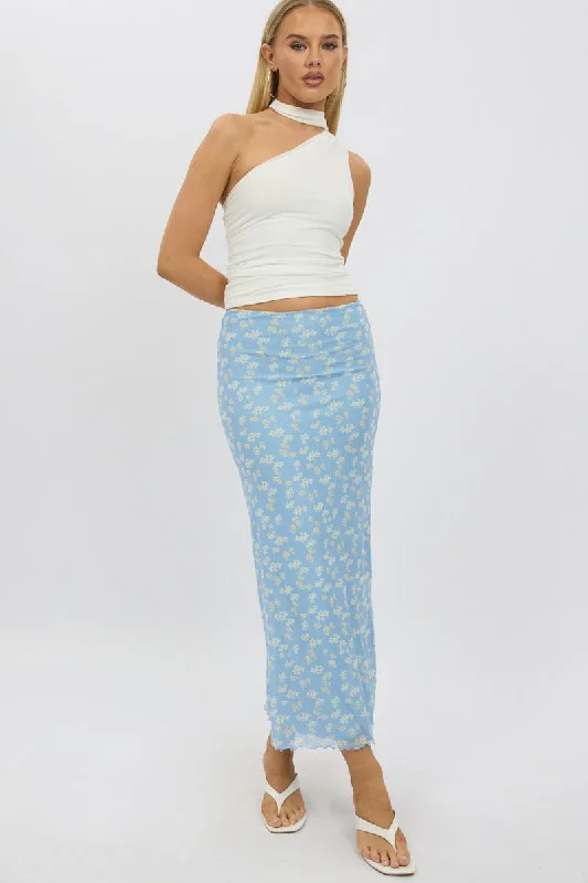 Blue Ditsy Maxi Skirt Elastic Waist Mesh Lined