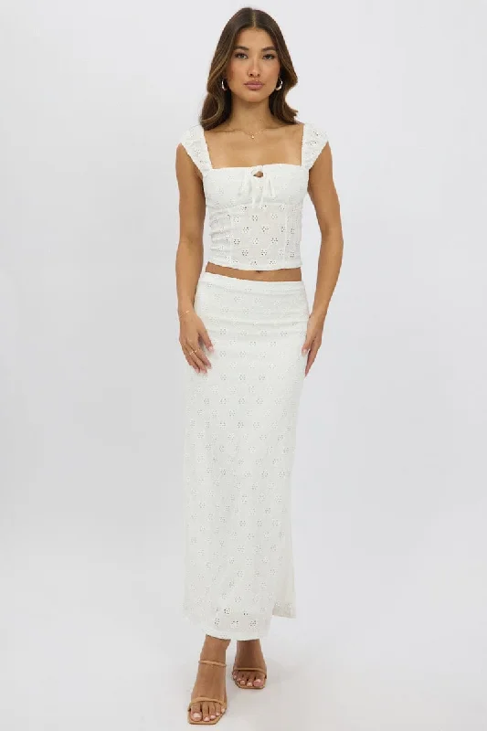 White Midaxi Skirt High Rise Stretch Eyelet