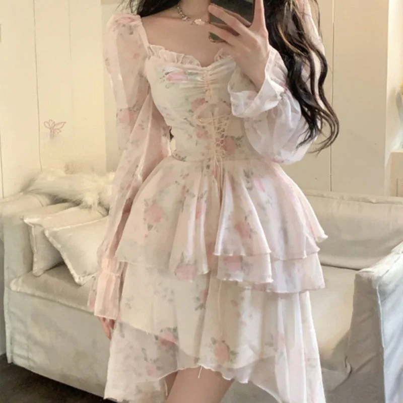 Bubble sleeved floral dress fairy dress summer French princess long sleeved short skirt LL-115