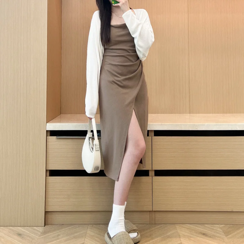 Solid color slip dress slim fit versatile Ken bean skirt niche waist split skirt LL-586