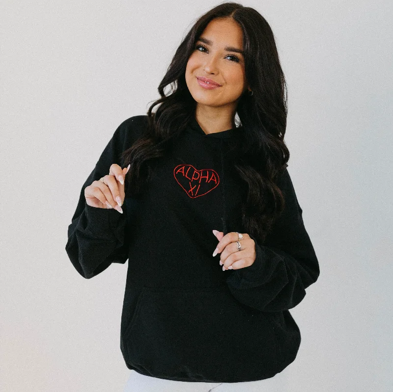 Red on Black Embroidered Heart Hoodie