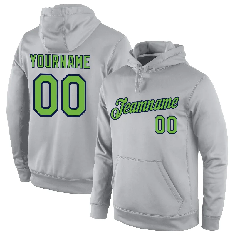 Custom Stitched Gray Neon Green-Navy Sports Pullover Sweatshirt Hoodie