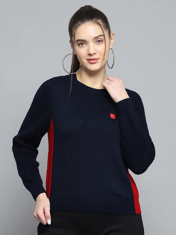 Women Navy Blue Solid Round Neck Full Sleeve Pullover