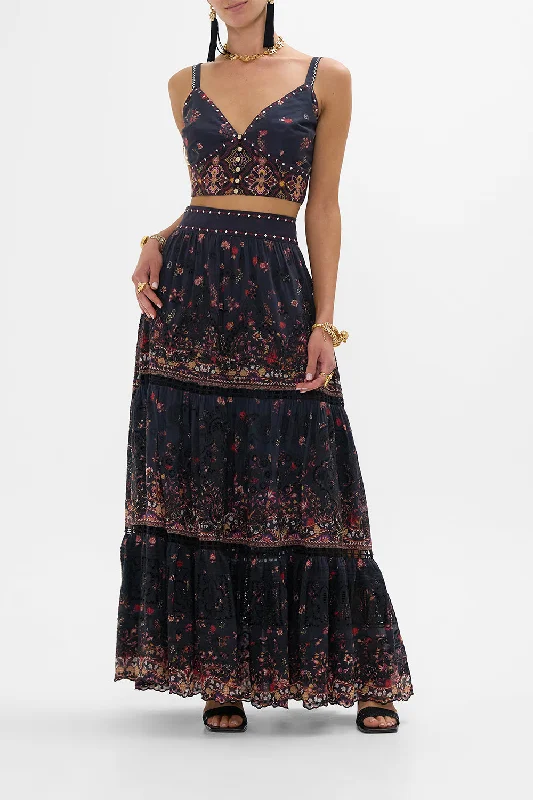 HIGH WAISTED EMBROIDERED TIERED SKIRT LOOM TO TOMB