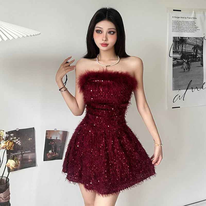 Premium sequin bandeau dress women's pleated waist shows thin babes short skirt autumn LL-686