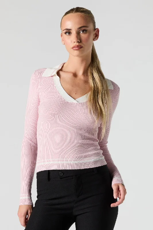 Contrast Collared Ribbed Knit Sweater