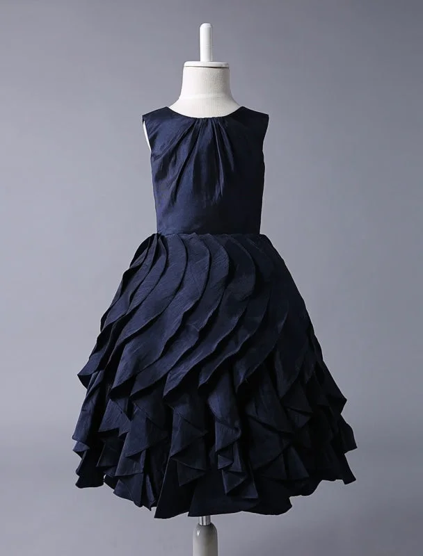 Navy Blue Taffeta Ruffle Flower Girl Dress With Skirt