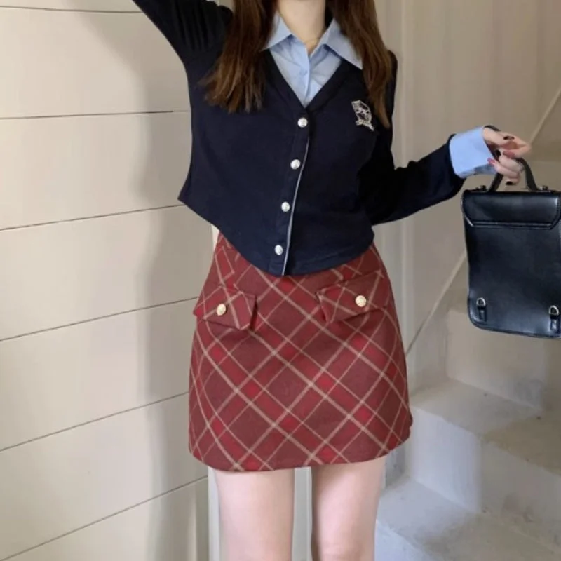 College style set fake two polo neck long sleeved shirt plaid skirt LL-429