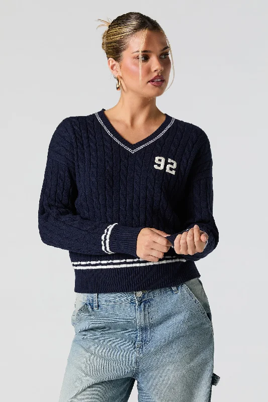 Number Embroidered Cable Knit Sweater