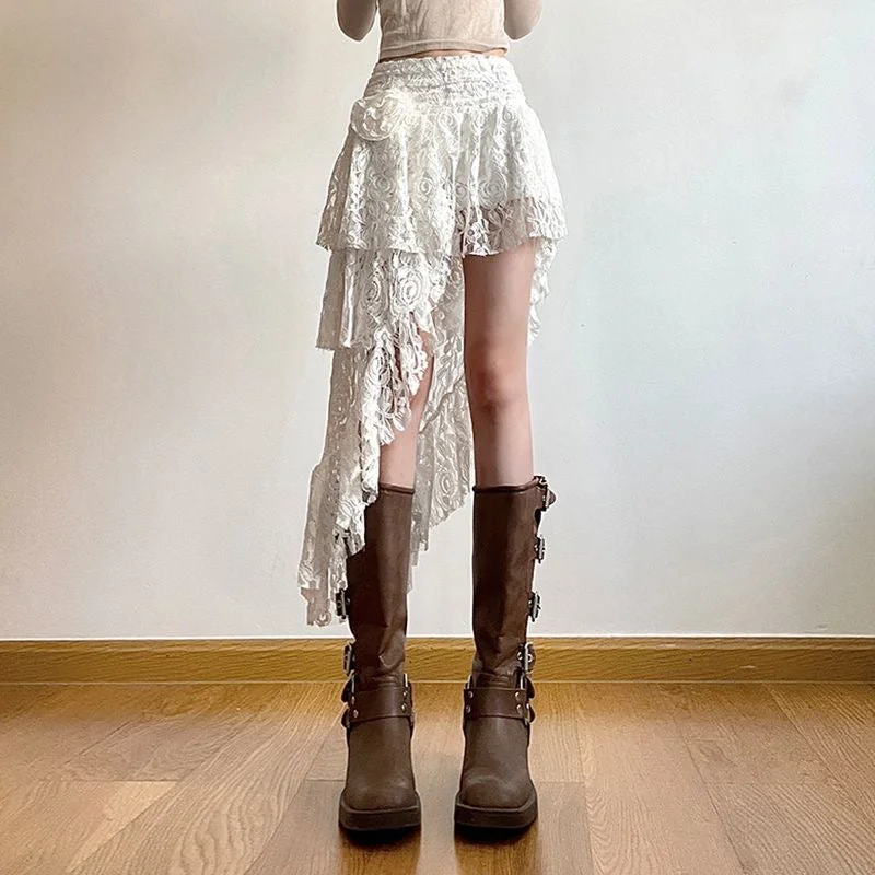 2024 European and American high-end lace rose skirt women's short asymmetrical hem pleated skirt  LL-705