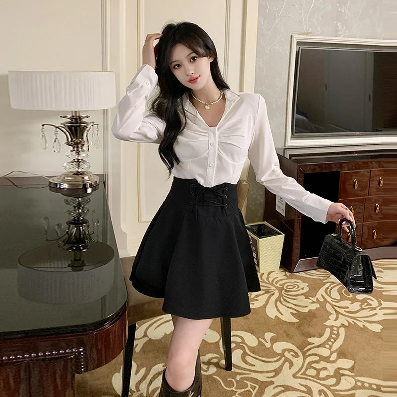 Sweet and Spicy Set Women's Autumn Fashionable Age Reducing White Shirt High Waist Half Skirt Two Piece Set LL-631