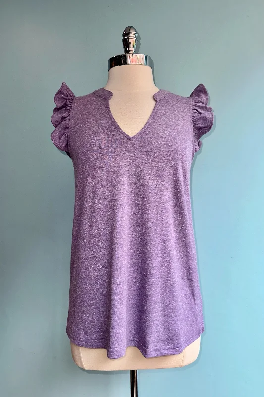 Purple Ruffle Shoulder Basic T-Shirt