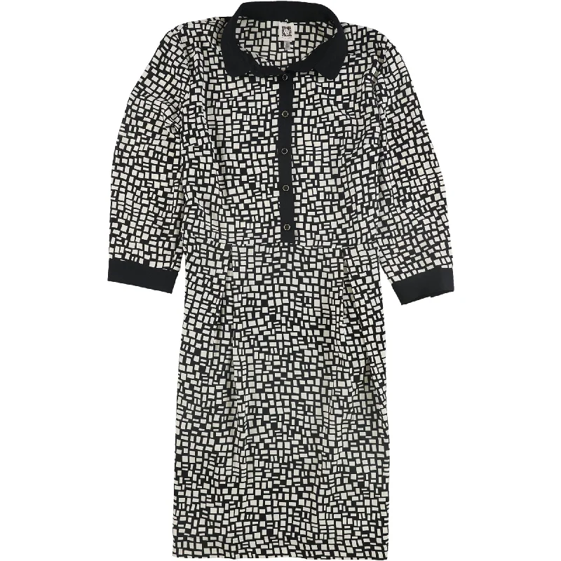 Anne Klein Womens Non Belted Foxtrot Print Shirt Dress, Black, 14