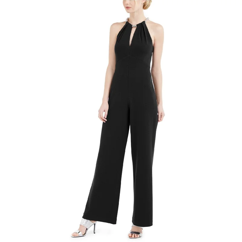 Calvin Klein Womens Beaded Keyhole Halter Jumpsuit, Black, 10