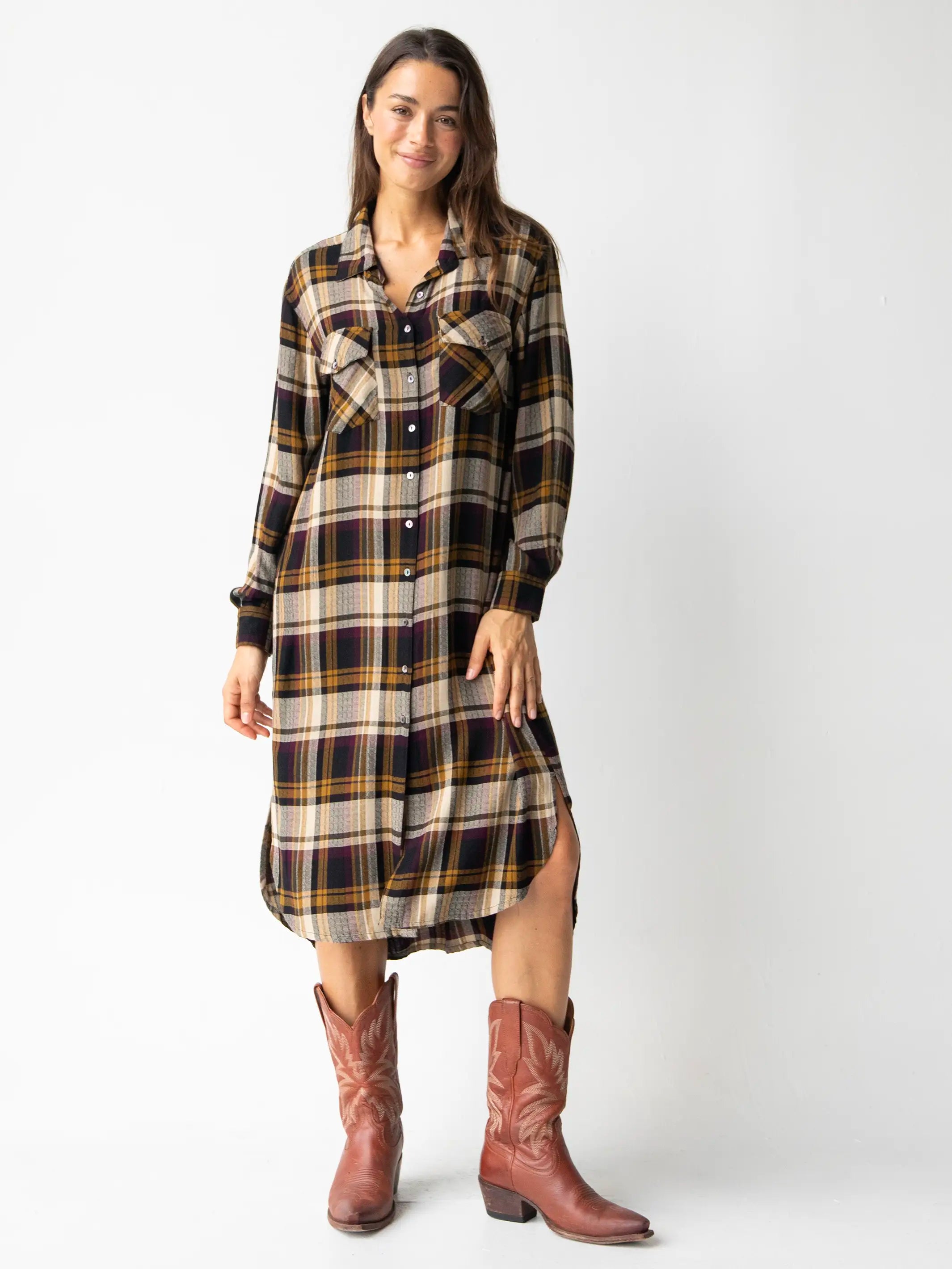 Cooper Flannel Shirt Dress - Black Tan Plaid