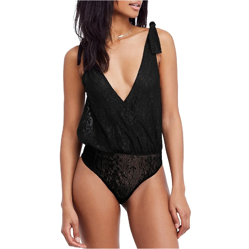 Free People Womens Plunging Thong Bodysuit Jumpsuit, Black, X-Small