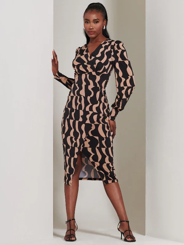 Jersey Wrap Slit Pencil Dress, Brown Pattern