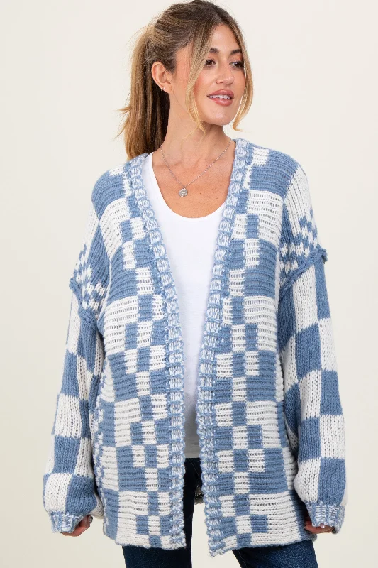 Blue Mixed Check Pattern Chunky Maternity Cardigan