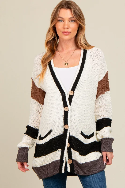 Ivory Crochet Knit Stripe Detail Oversized Maternity Cardigan