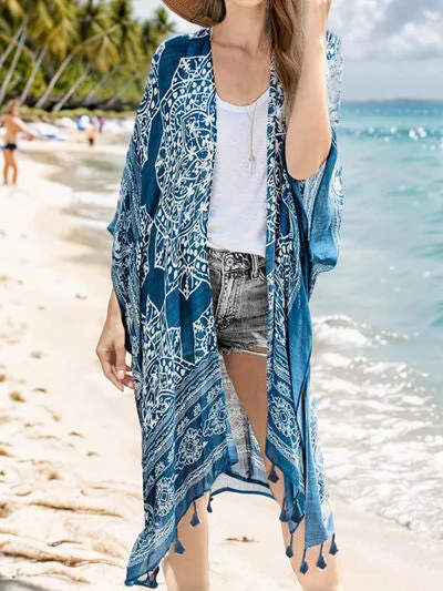 Tassel Printed Open Front Cardigan