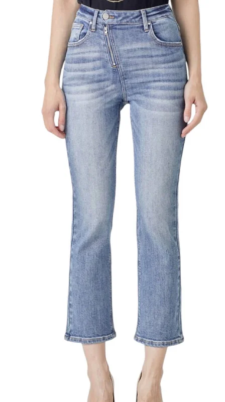 Straight Leg Asymetrical Zipper Jeans In Light Denim