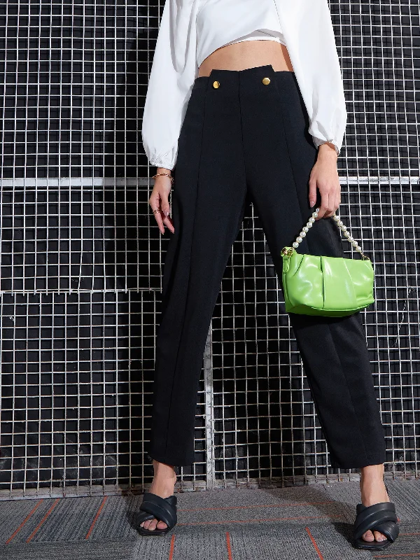 Women Black Waist Button Pants