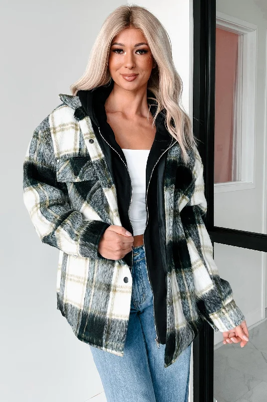 Casual Meet-Ups Oversized Plaid Hooded Jacket (Black/Green)